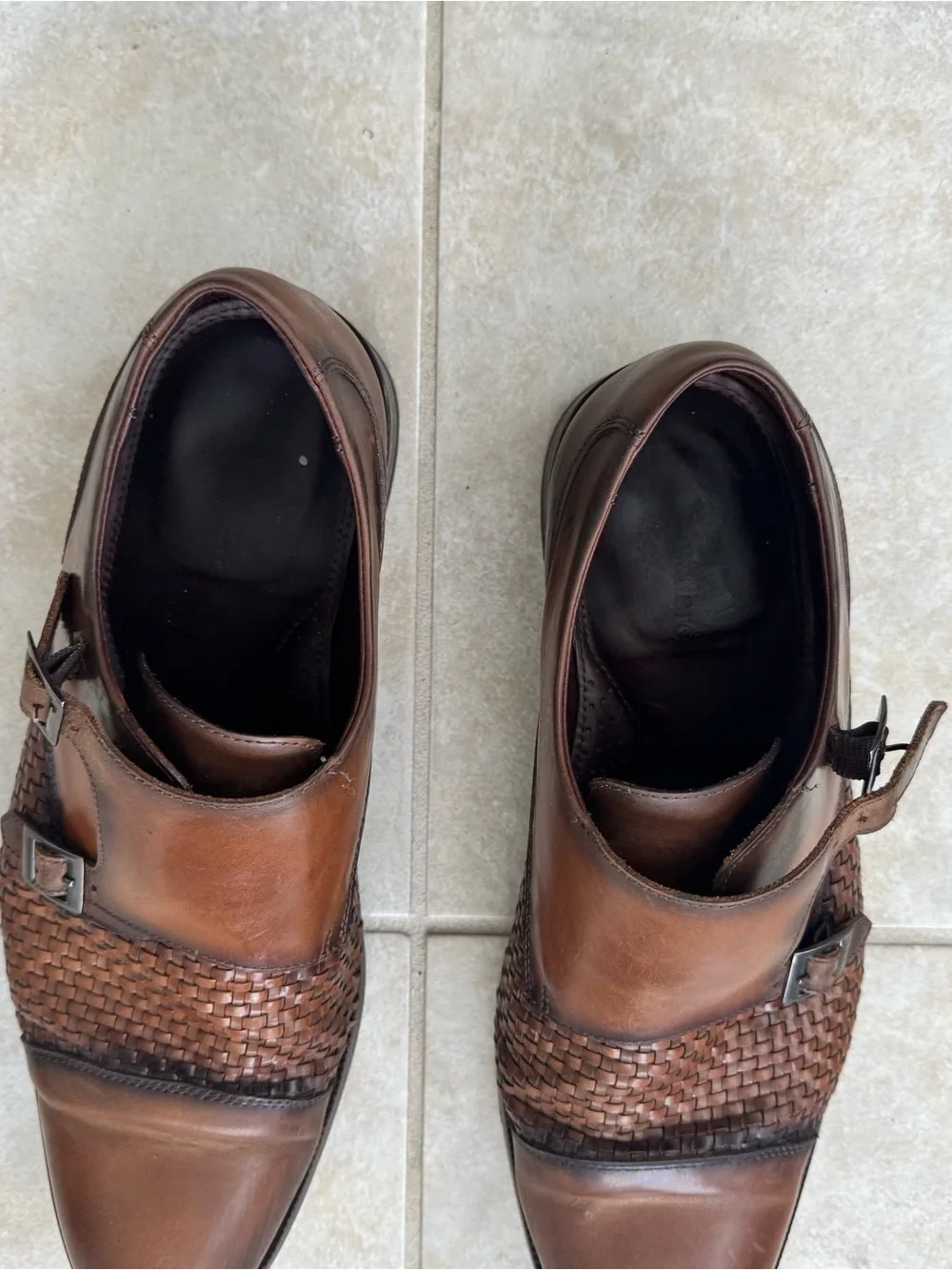 Studio Belvedere Mens 10 Double Monk Strap Buckle Woven Cognac Leather Shoes